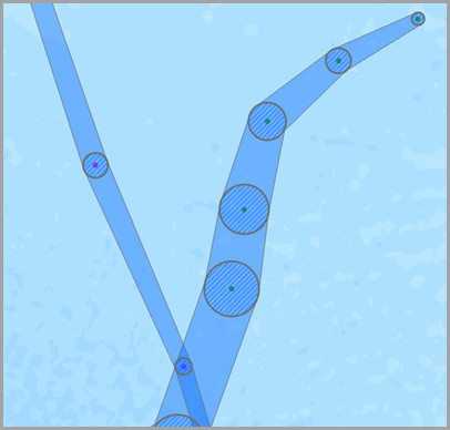 Input points (green), intermediate buffer for visualization (blue hatching), and the resulting polygonal track (blue) Input points (green), intermediate buffer for visualization (blue hatching), and the resulting polygonal track (blue)