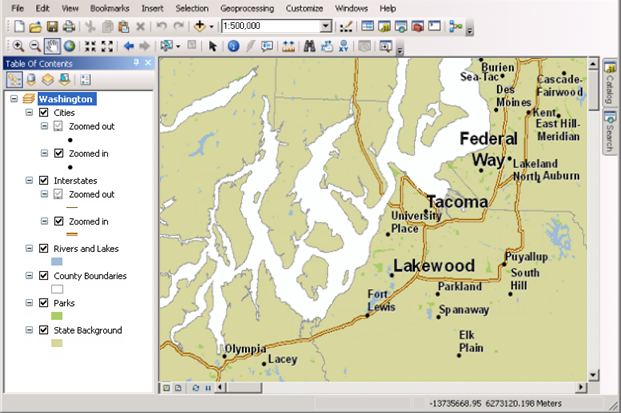 ArcMap document symbolized for multiple scales