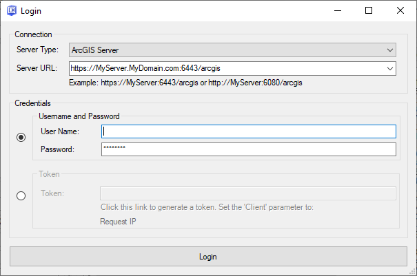 GeoEvent Logger Login dialog GeoEvent Logger Login dialog